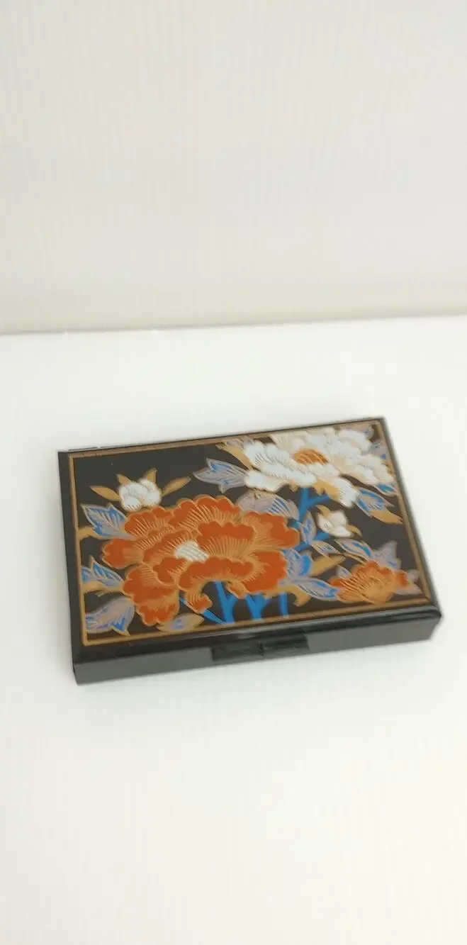 Vintage Floral Asian Mirror Compact Jewelry Trinket Box Black Plastic 1980-90s